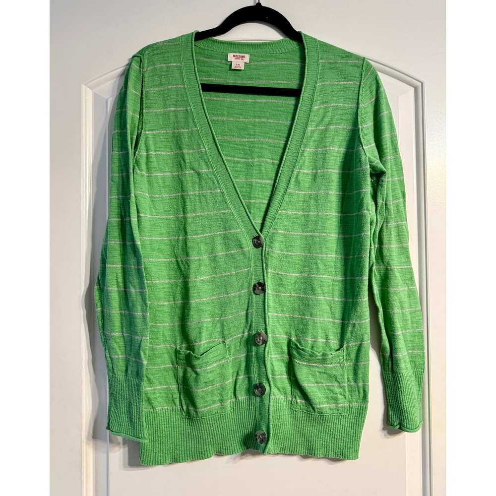 Mossimo Cardigan Sweater Women L Green Striped Cotton V-Neck Pockets Excellent